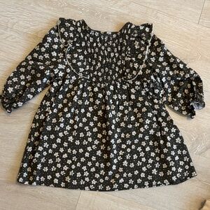 Zara Black Floral Smocked Ruffle Long-Sleeve Top